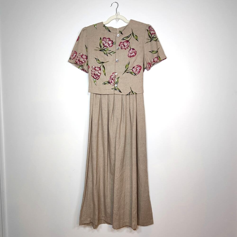 Vintage Just In Thyme Linen Blend Floral Maxi Dress 12 Modest Cottagecore 90s